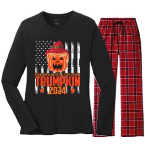 Ill Be Back Trumpkin Trump Halloween Party Costume 2024 Women's Long Sleeve Flannel Pajama Set 