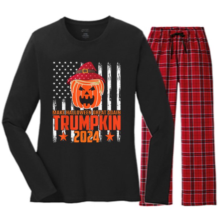 Ill Be Back Trumpkin Trump Halloween Party Costume 2024 Women's Long Sleeve Flannel Pajama Set 