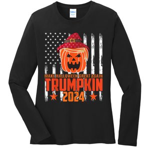 Ill Be Back Trumpkin Trump Halloween Party Costume 2024 Ladies Long Sleeve Shirt