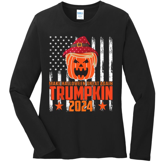 Ill Be Back Trumpkin Trump Halloween Party Costume 2024 Ladies Long Sleeve Shirt