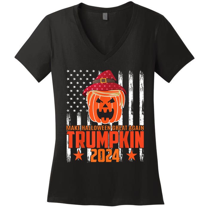 Ill Be Back Trumpkin Trump Halloween Party Costume 2024 Women's V-Neck T-Shirt