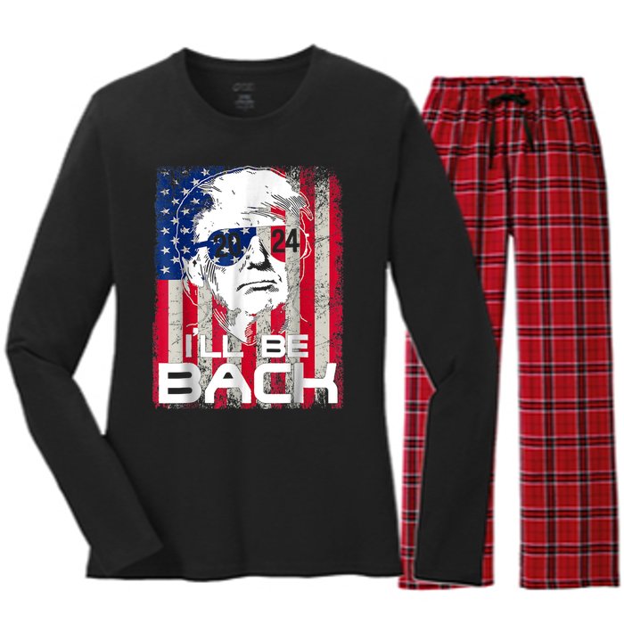 I'll Be Back Trump 2024 Vintage Donald Trump 4th Of July Women's Long Sleeve Flannel Pajama Set 