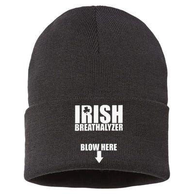 Irish Breathalyzer Blow Here funny patrick's day Sustainable Knit Beanie