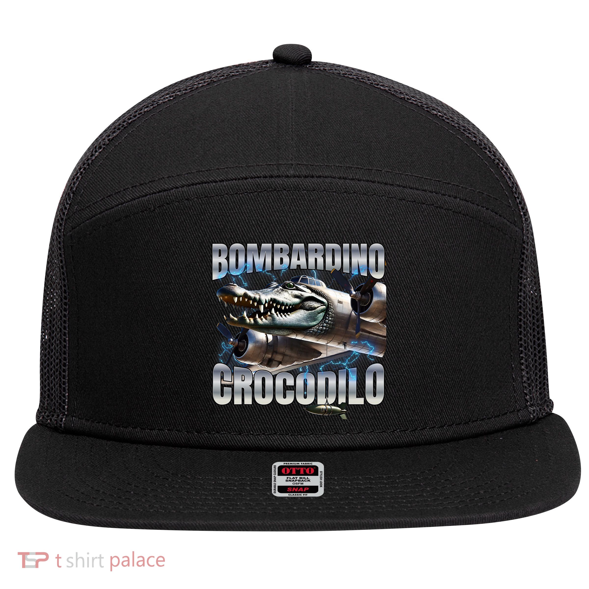 Italian Brainrot Bombardino Crocodilo 7 Panel Mesh Trucker Snapback Hat
