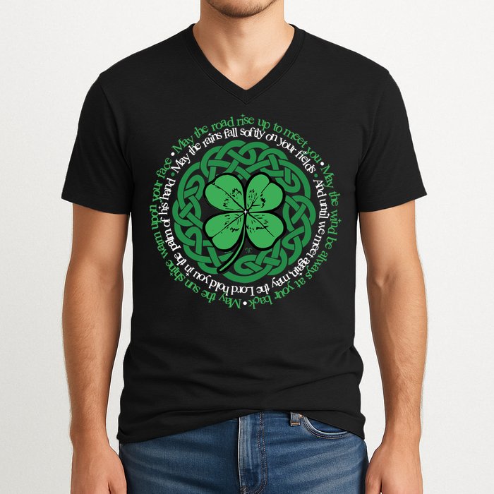 Irish Blessing, Celtic Knot & 4-Leaf Clover Luck Version B V-Neck T-Shirt