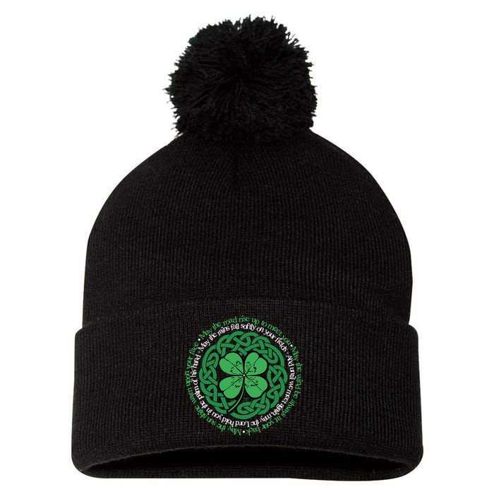Irish Blessing, Celtic Knot & 4-Leaf Clover Luck Version B Pom Pom 12in Knit Beanie