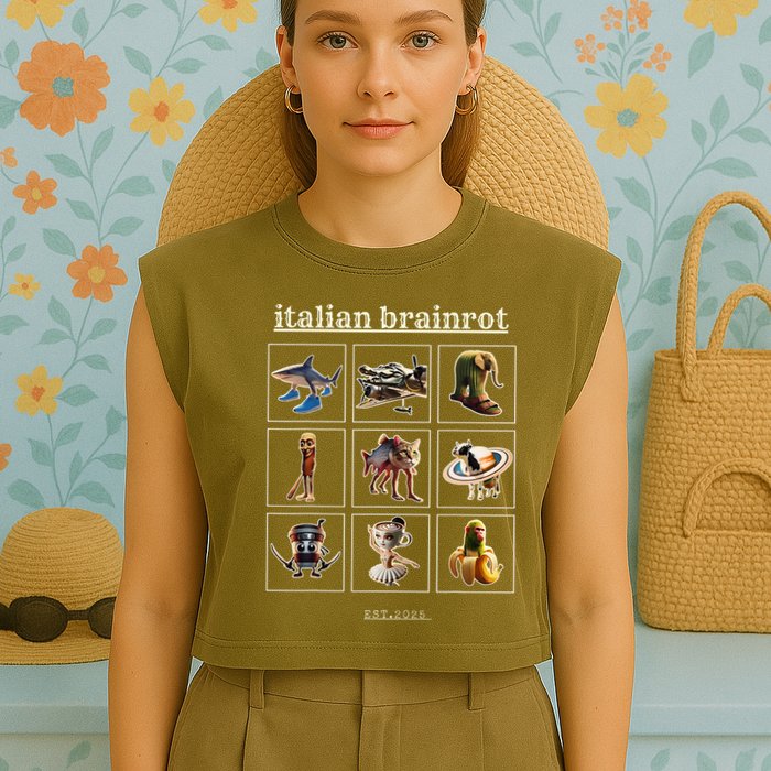 Italian Brainrot Characaters Meme Gen Z Funny Humor Garment-Dyed Women's Muscle Tee