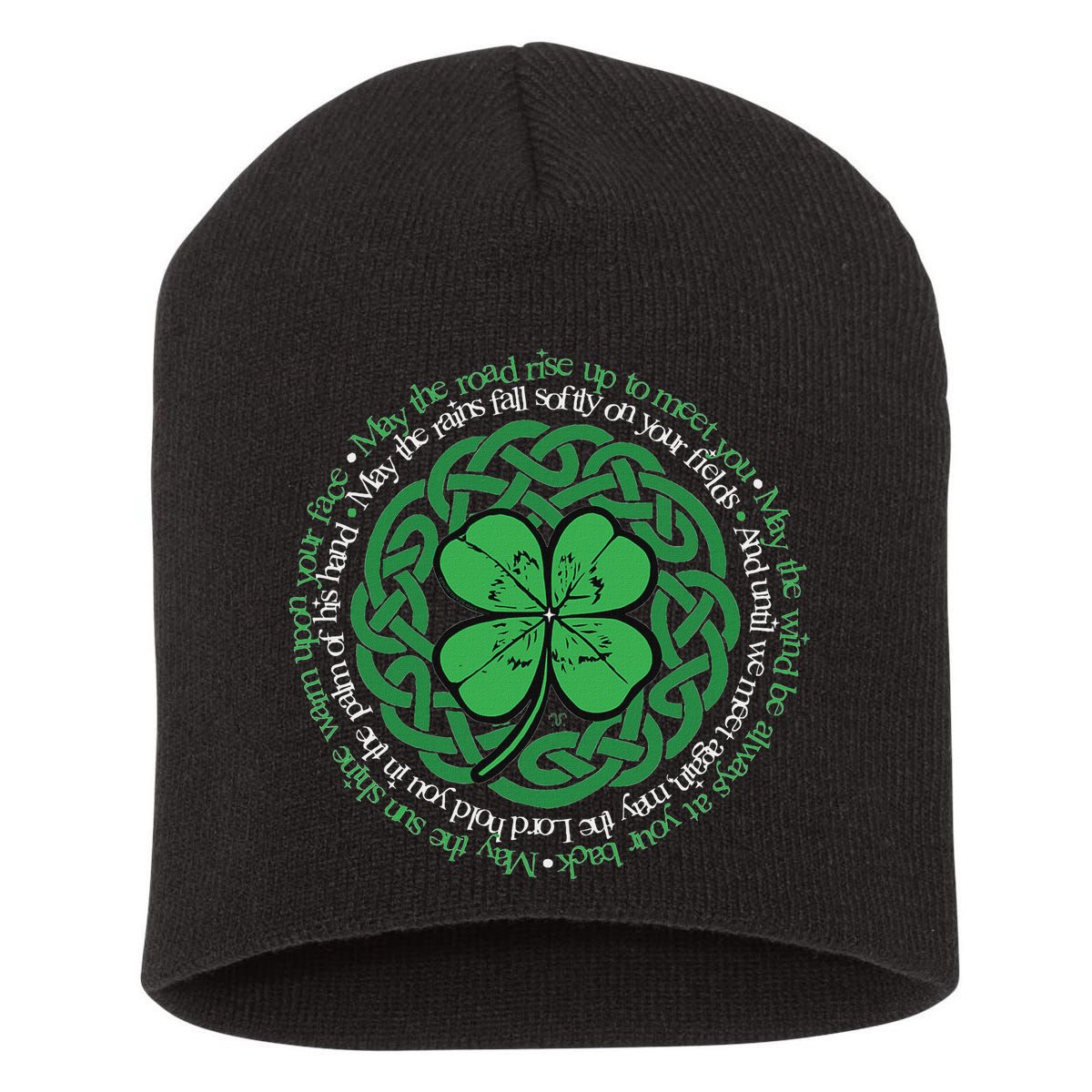 Irish Blessing Celtic Knot & 4 Leaf Clover Luck Version Short Acrylic Beanie