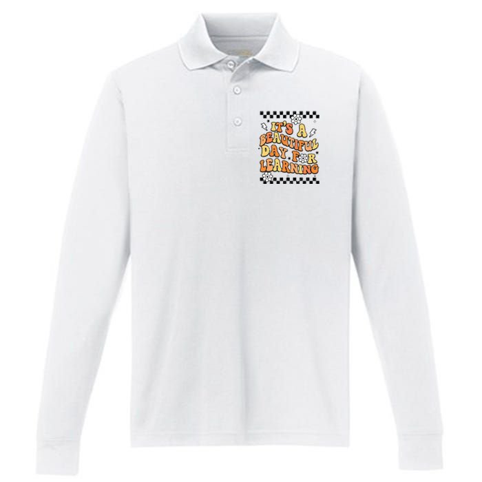 It's Beautiful Day For Learning Retro Teacher Students  Performance Long Sleeve Polo