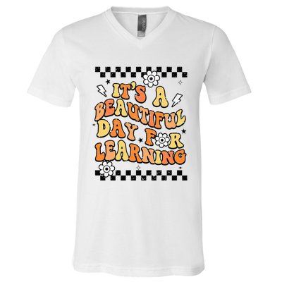 It's Beautiful Day For Learning Retro Teacher Students  V-Neck T-Shirt