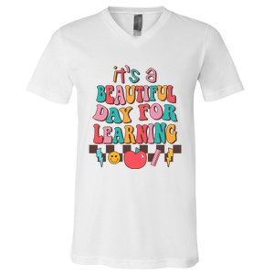 ItS Beautiful Day For Learning Retro Teacher Students V-Neck T-Shirt