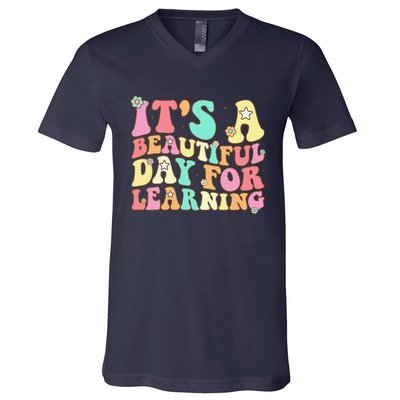 It's Beautiful Day For Learning Retro Teacher Students Women Funny V-Neck T-Shirt