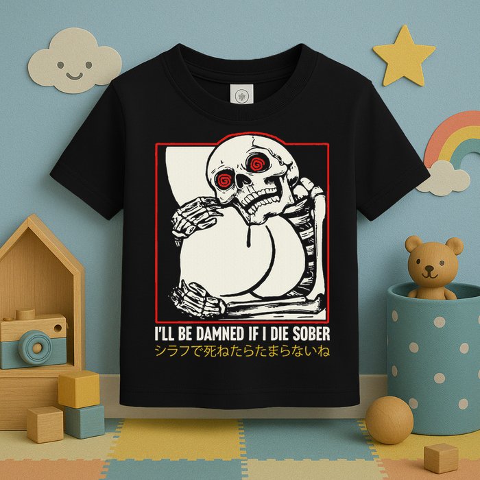 ILl Be Damned If I Die Sober Japanese Funny Skeleton Toddler T-Shirt