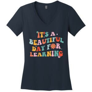 It's Beautiful Day For Learning Retro Teacher Students Women Women's V-Neck T-Shirt