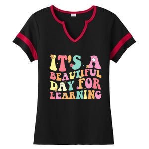 Its Beautiful Day For Learning Retro Teacher Students Ladies Halftime Notch Neck Tee