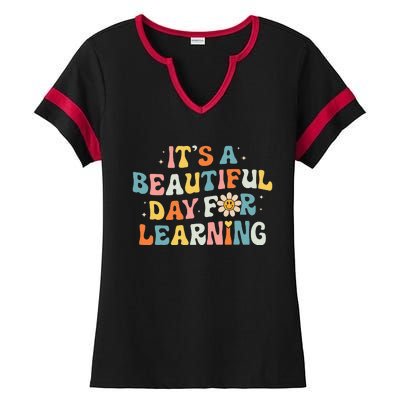 ItS Beautiful Day For Learning Retro Teacher Ladies Halftime Notch Neck Tee