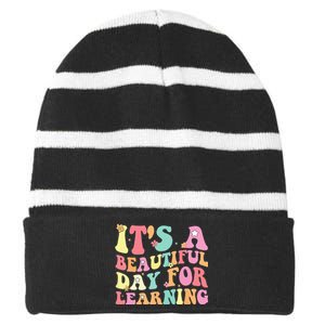 Its Beautiful Day For Learning Retro Teacher Students Striped Beanie with Solid Band