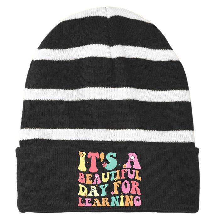 Its Beautiful Day For Learning Retro Teacher Students Striped Beanie with Solid Band