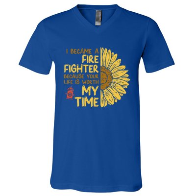 I Became Firefighter Your Life Is Worth My Time Fire Gift Funny Gift V-Neck T-Shirt