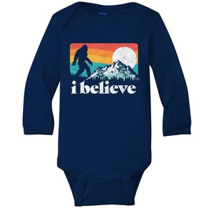 I Believe! Funny Retro Bigfoot Mountains Baby Long Sleeve Bodysuit