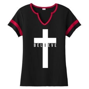 I Believe Faith Christian Cross Ladies Halftime Notch Neck Tee