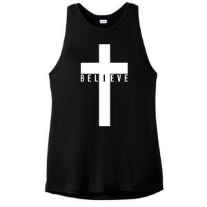 I Believe Faith Christian Cross Ladies PosiCharge Tri-Blend Wicking Tank