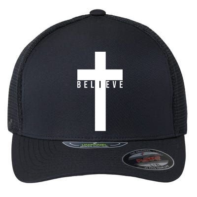 I Believe Faith Christian Cross Flexfit Unipanel Trucker Cap