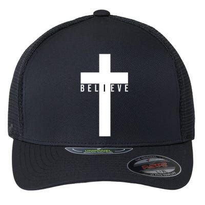 I Believe Faith Christian Cross Flexfit Unipanel Trucker Cap