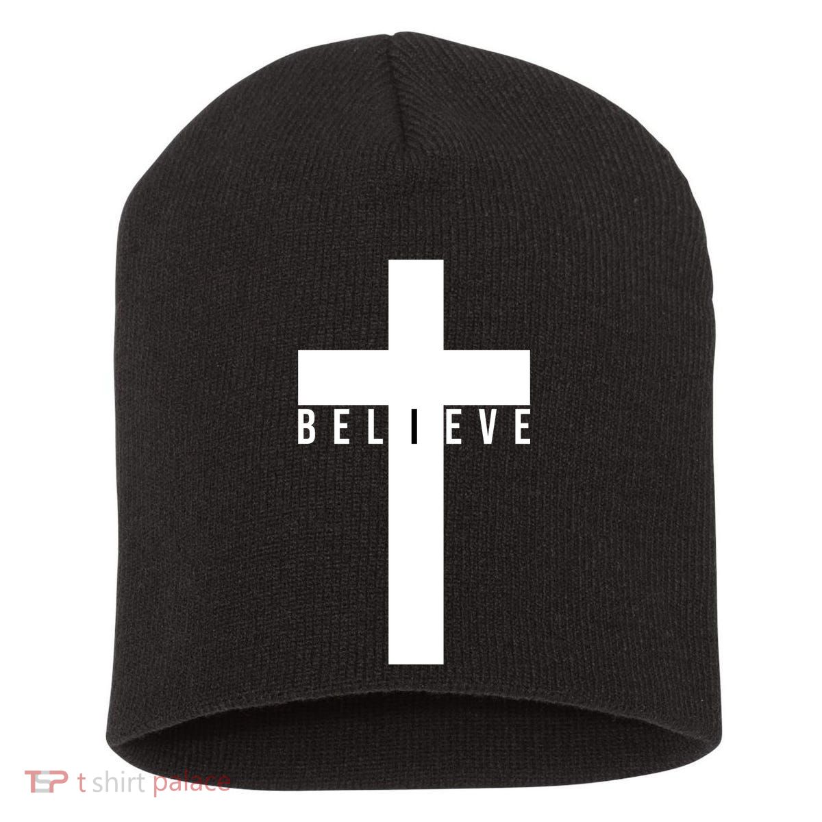 I Believe Faith Christian Cross Short Acrylic Beanie