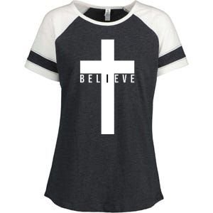 I Believe Faith Christian Cross Enza Ladies Jersey Colorblock Tee