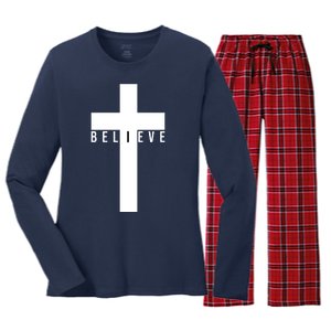 I Believe Faith Christian Cross Women's Long Sleeve Flannel Pajama Set 