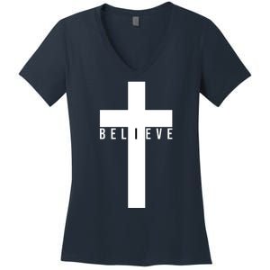 I Believe Faith Christian Cross Women's V-Neck T-Shirt