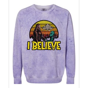 I Believe Funny Alien And Bigfoot Design Distressed Colorblast Crewneck Sweatshirt