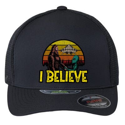 I Believe Funny Alien And Bigfoot Design Distressed Flexfit Unipanel Trucker Cap