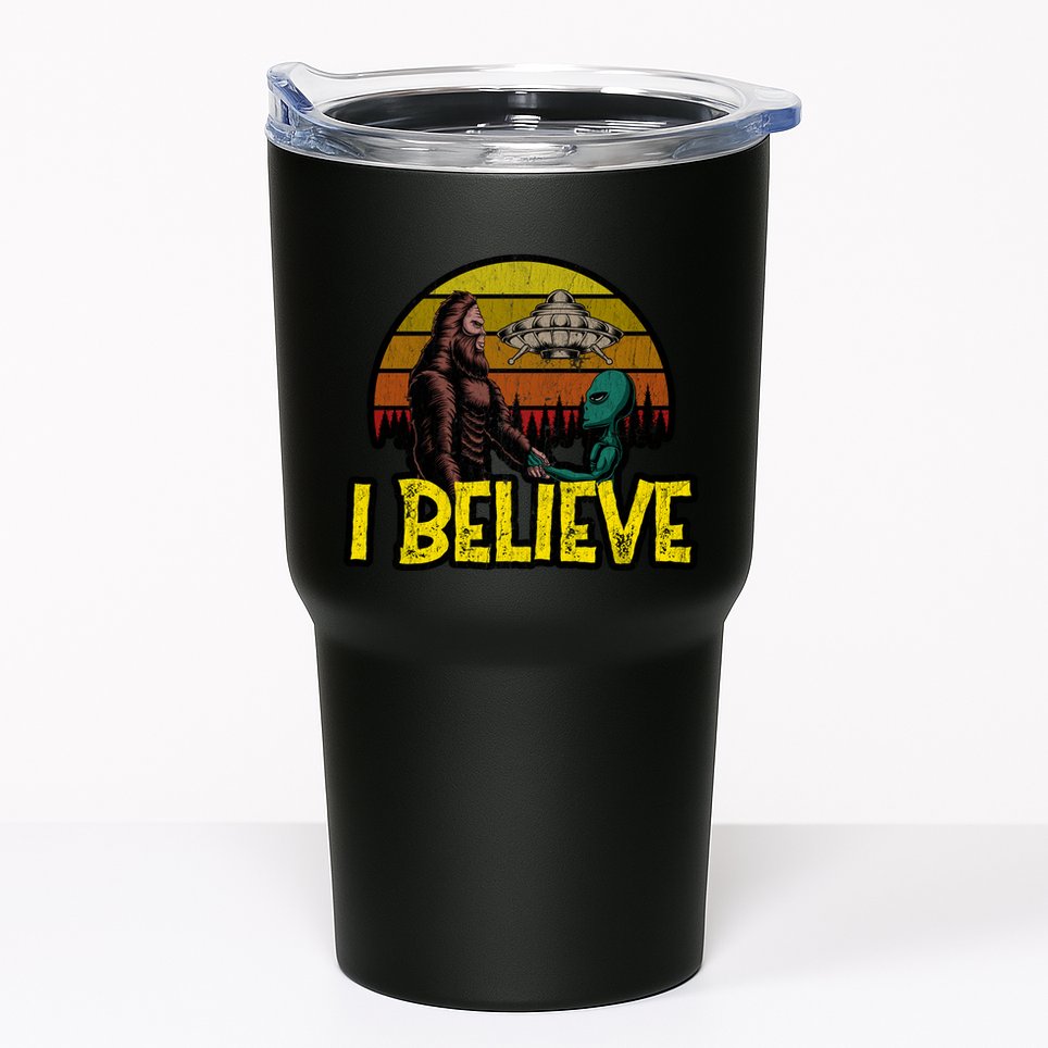 I Believe Funny Alien And Bigfoot Design Distressed Tumbler