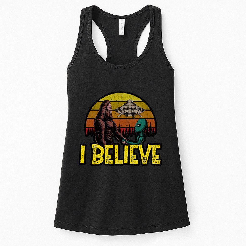 I Believe Funny Alien And Bigfoot Design Distressed Womens Tank Top
