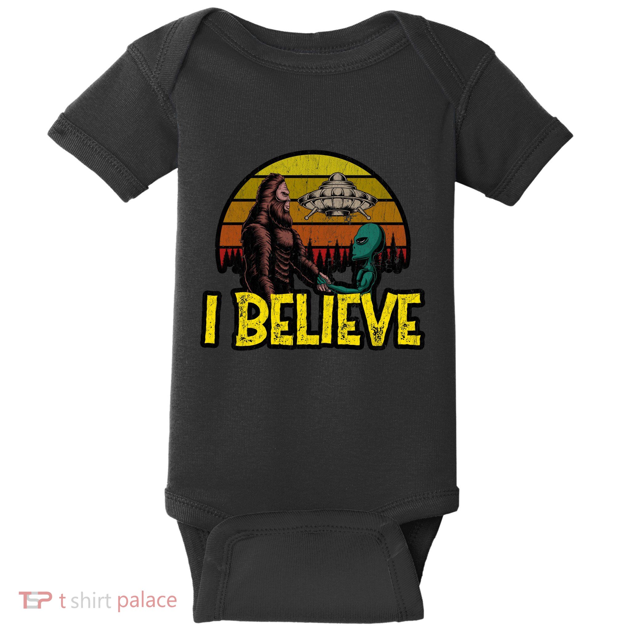 I Believe Funny Alien And Bigfoot Design Distressed Baby Bodysuit