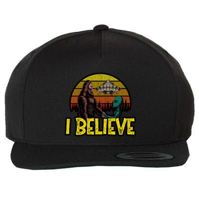 I Believe Funny Alien And Bigfoot Design Distressed Wool Snapback Cap