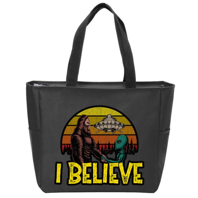 I Believe Funny Alien And Bigfoot Design Distressed Zip Tote Bag