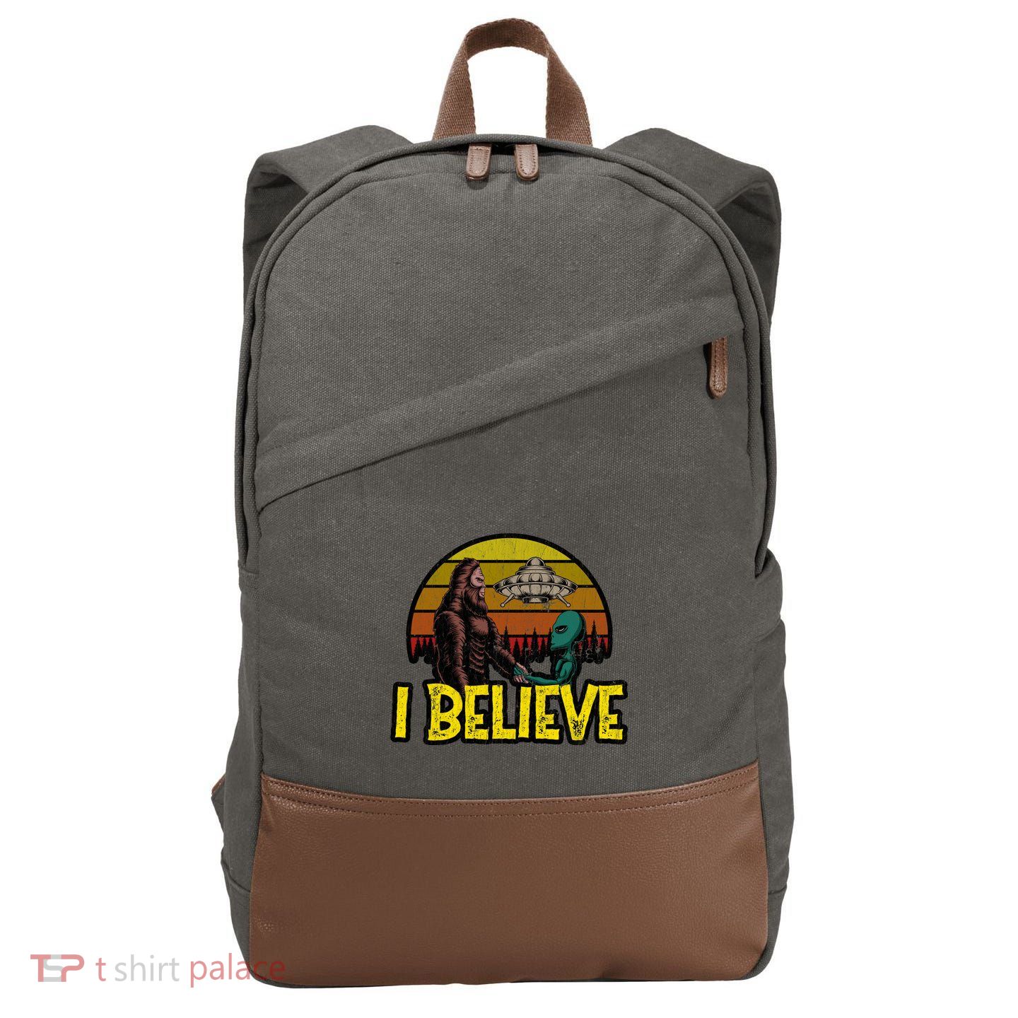 I Believe Funny Alien And Bigfoot Design Distressed Cotton Canvas Backpack