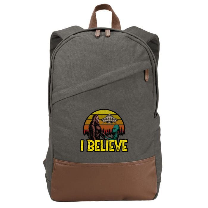 I Believe Funny Alien And Bigfoot Design Distressed Cotton Canvas Backpack