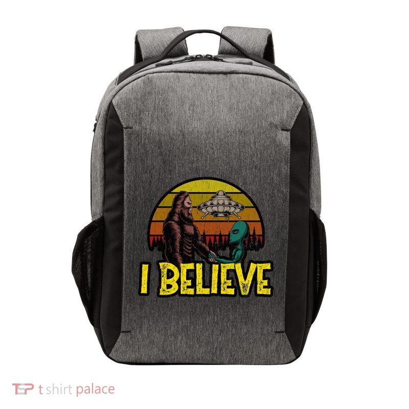 I Believe Funny Alien And Bigfoot Design Distressed Vector Backpack