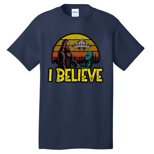 I Believe Funny Alien And Bigfoot Design Distressed Tall T-Shirt