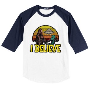 I Believe Funny Alien And Bigfoot Design Distressed Baseball Sleeve Shirt