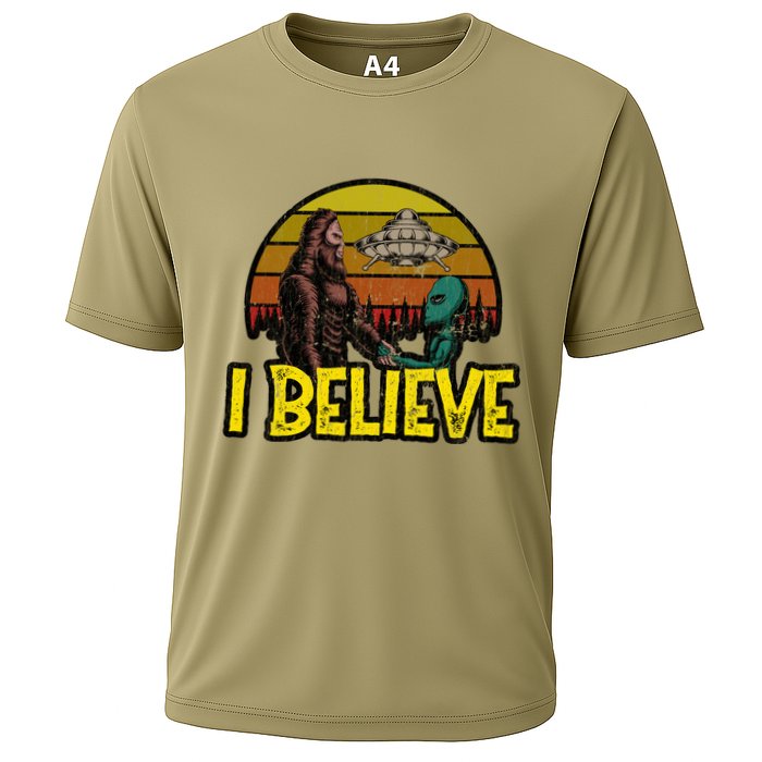 I Believe Funny Alien And Bigfoot Design Distressed Cooling Performance Crew T-Shirt