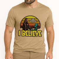 I Believe Funny Alien And Bigfoot Design Distressed Cooling Performance Crew T-Shirt
