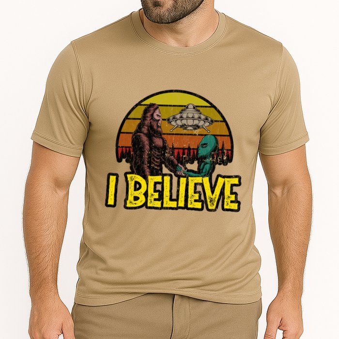 I Believe Funny Alien And Bigfoot Design Distressed Cooling Performance Crew T-Shirt