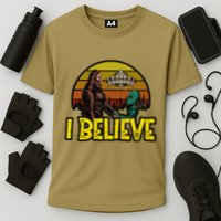 I Believe Funny Alien And Bigfoot Design Distressed Cooling Performance Crew T-Shirt