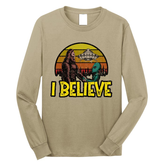 I Believe Funny Alien And Bigfoot Design Distressed Long Sleeve Shirt