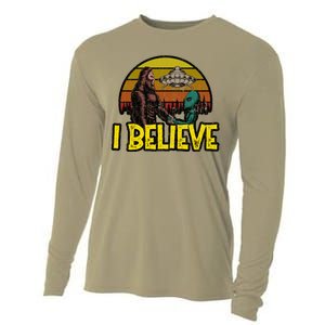 I Believe Funny Alien And Bigfoot Design Distressed Cooling Performance Long Sleeve Crew